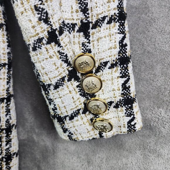 Womens Shein Black White & Gold Checkered Tweed Blazer Jacket Double Breasted L - Picture 9 of 11